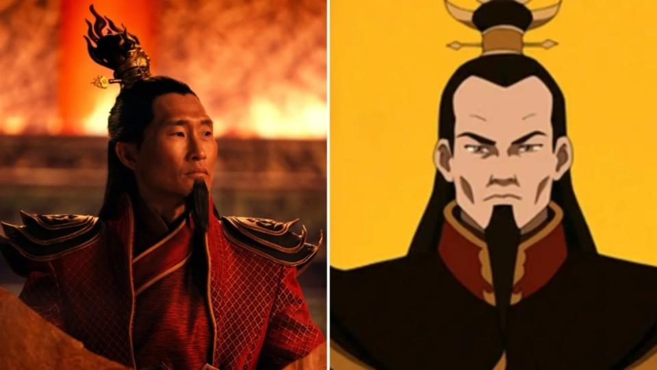 L-R: Fire Lord Ozai (Daniel Dae Kim) and his animated counterpart (voiced by Mark Hamill) in the Nickelodeon animated series