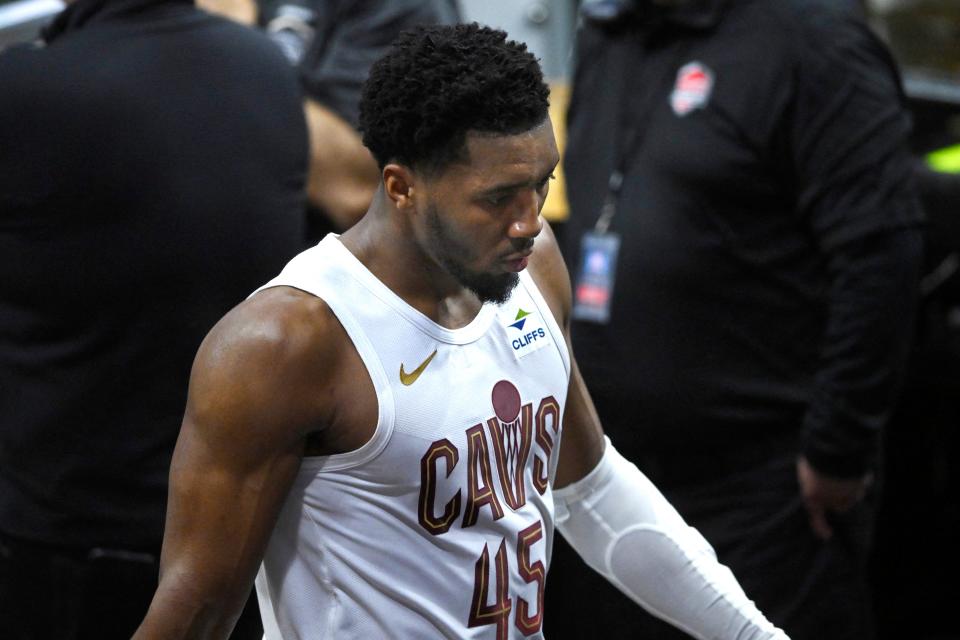 Cavaliers guard Donovan Mitchell walks to the locker room late in the fourth quarter against the Celtics in Game 3 of the Eastern Conference semifinals, May 11, 2024, in Cleveland.