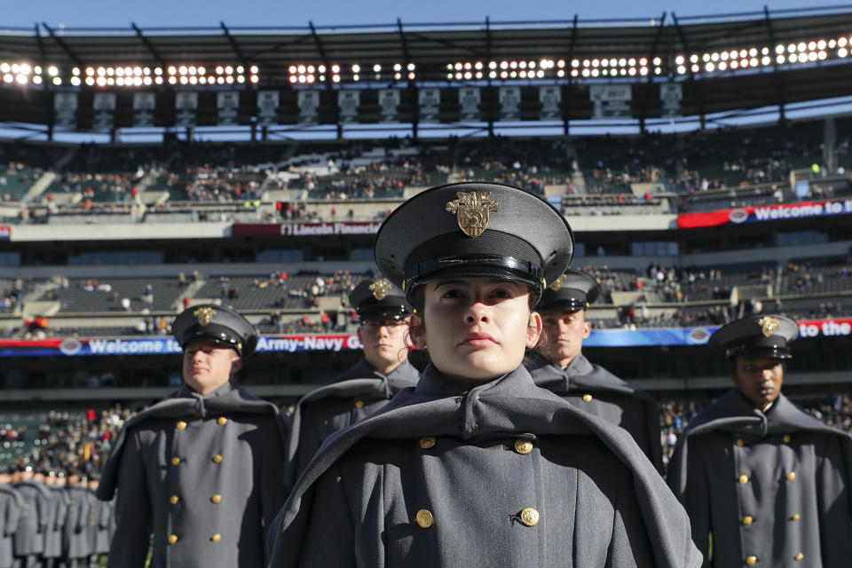 The Army march-on takes place before the start of the Army Navy college football game at Lincoln Financial Field in Philadelphia on Saturday, Dec. 10, 2022. (Heather Khalifa/The Philadelphia Inquirer via AP)