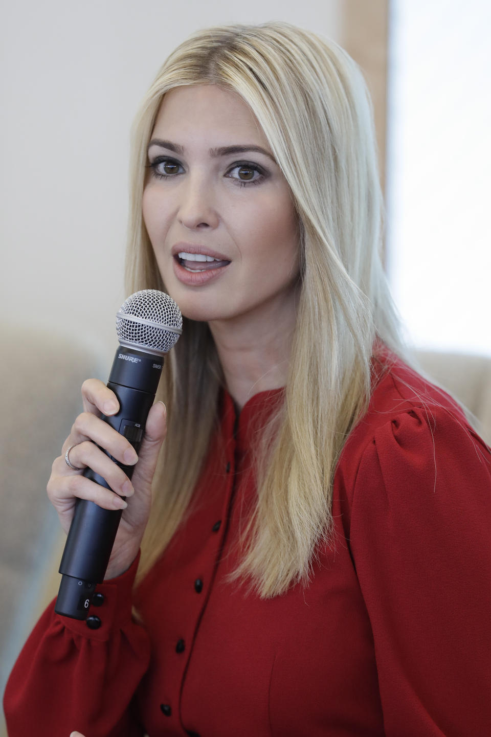 Ivanka Trump speaks during a news conference, Thursday, May 16, 2019, in Indianapolis. During an event with President Donald Trump's daughter and senior adviser on Thursday, Salesforce chairman Marc Benioff announced that the business software company aims to provide skills training to 500,000 people as part of a Trump administration push to boost career opportunities among Americans. Ivanka Trump said a goal of the "Pledge to America's Workers" program is that everyone has equal access to career training and opportunities. (AP Photo/Darron Cummings)