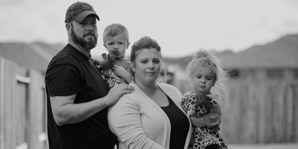 Melissa and Dillon Bright with their children, Charlotte and Mason, in Tomball, Texas, in 2019.  (Elizabeth Conley / Houston Chronicle)