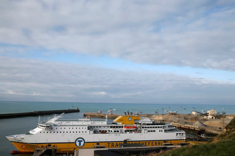 Trucks disembark from the ferry Cote d'Albatre in Dieppe harbour