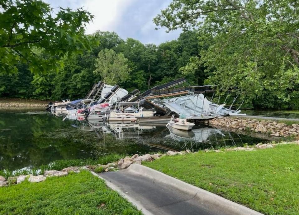 A dock at Wyandotte County Lake Park was severely damaged by high winds late Sunday. The park was closed Monday as crews were assessing damage there, according to the Unified Government of Wyandotte County and Kansas City, Kansas. 