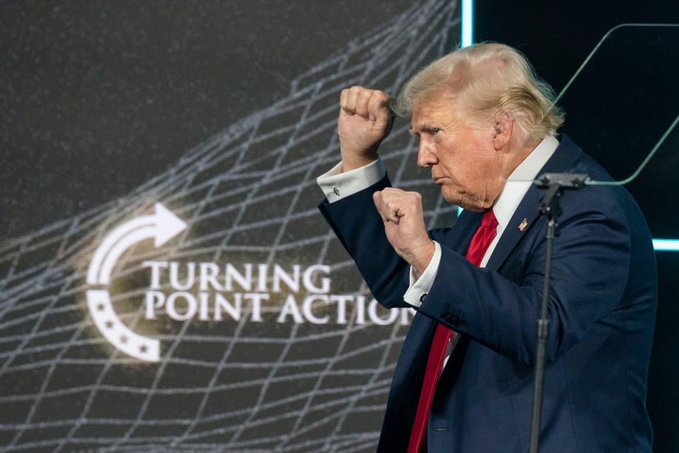 Former President Donald Trump after speaking at the Turning Point USA Believers' Summit at the Palm Beach County Convention Center on July 26, 2024 in West Palm Beach, Florida.