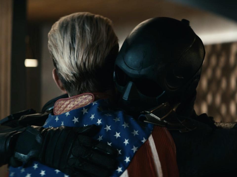 Homelander and Black Noir hugging in the season three finale of "The Boys."