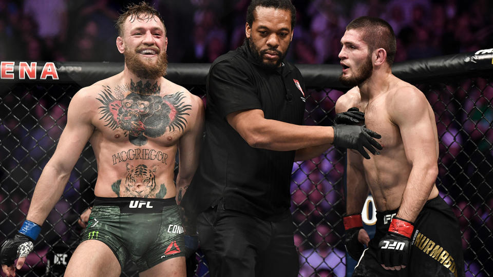 Conor McGregor and Khabib Nurmagomedov, pictured here in action at UFC 229 in 2018.