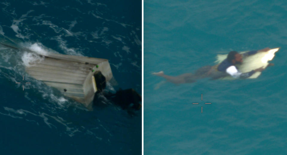 A photo of the capsized boat near Thursday Island in Australia's Torres Strait. Another photo of the man holding on to some debris in the water.