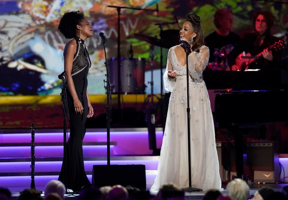 Allison Russell, left, and Mickey Guyton perform "For Free" at the 31st annual MusiCares Person of the Year benefit gala honoring Joni Mitchell on Friday, April 1, 2022, at the MGM Grand Conference Center in Las Vegas.