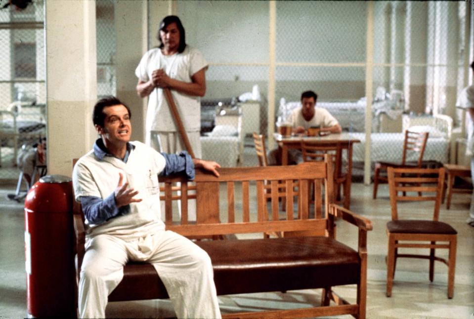 Jack Nicholson (front) leads a crew of disorderly mental patients in "One Flew Over the Cuckoo's Nest."