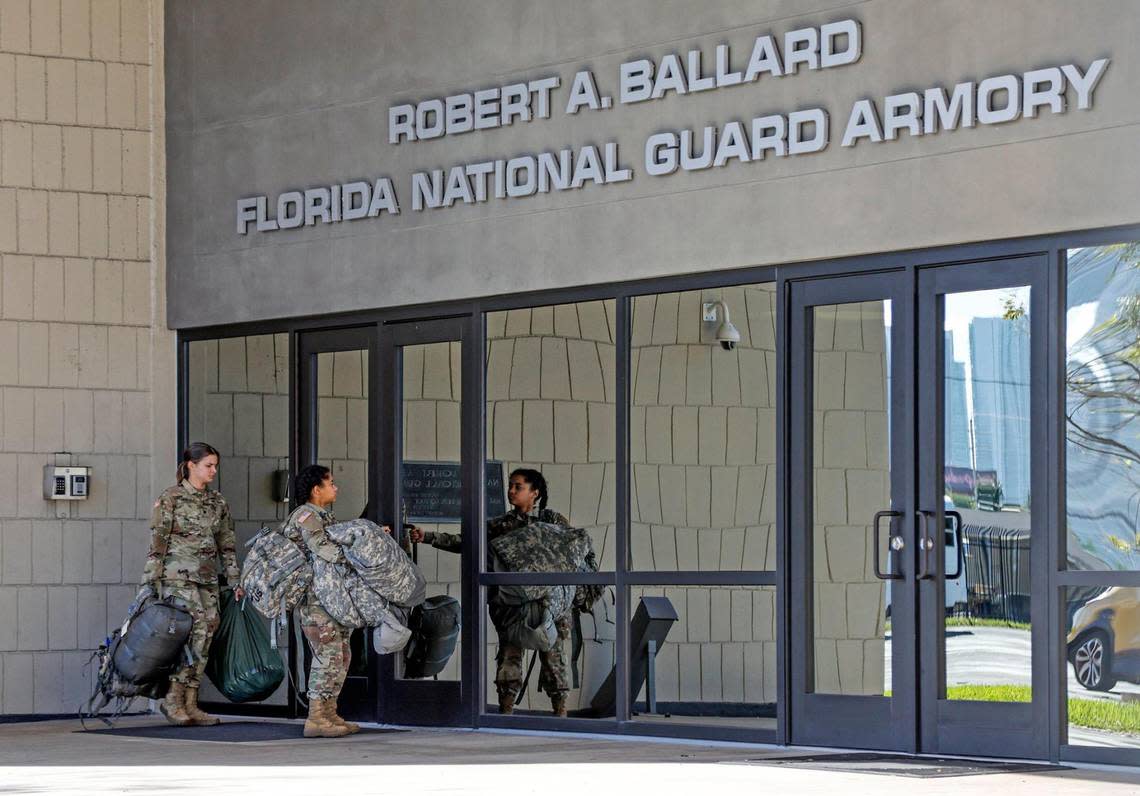 Governor Ron DeSantis activates the Florida National Guard to respond to the influx 0f South Florida migrants. Here, soldiers arrive at the Florida National Guard Armory at 700 N.W. 28th Street in Miami on Saturday, January 7, 2023.