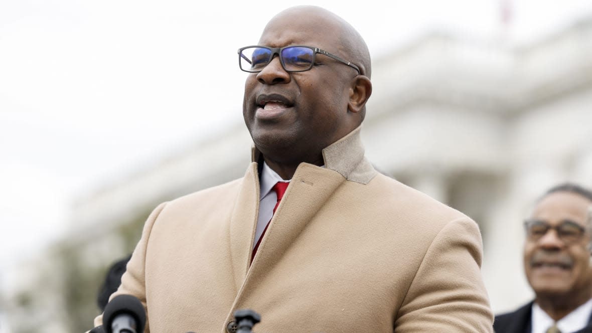 Rep. Jamaal Bowman (D-NY) speaks at a news conference outside the U.S. Capitol Building on February 02, 2023 in Washington, D.C. (Photo by Anna Moneymaker/Getty Images)
