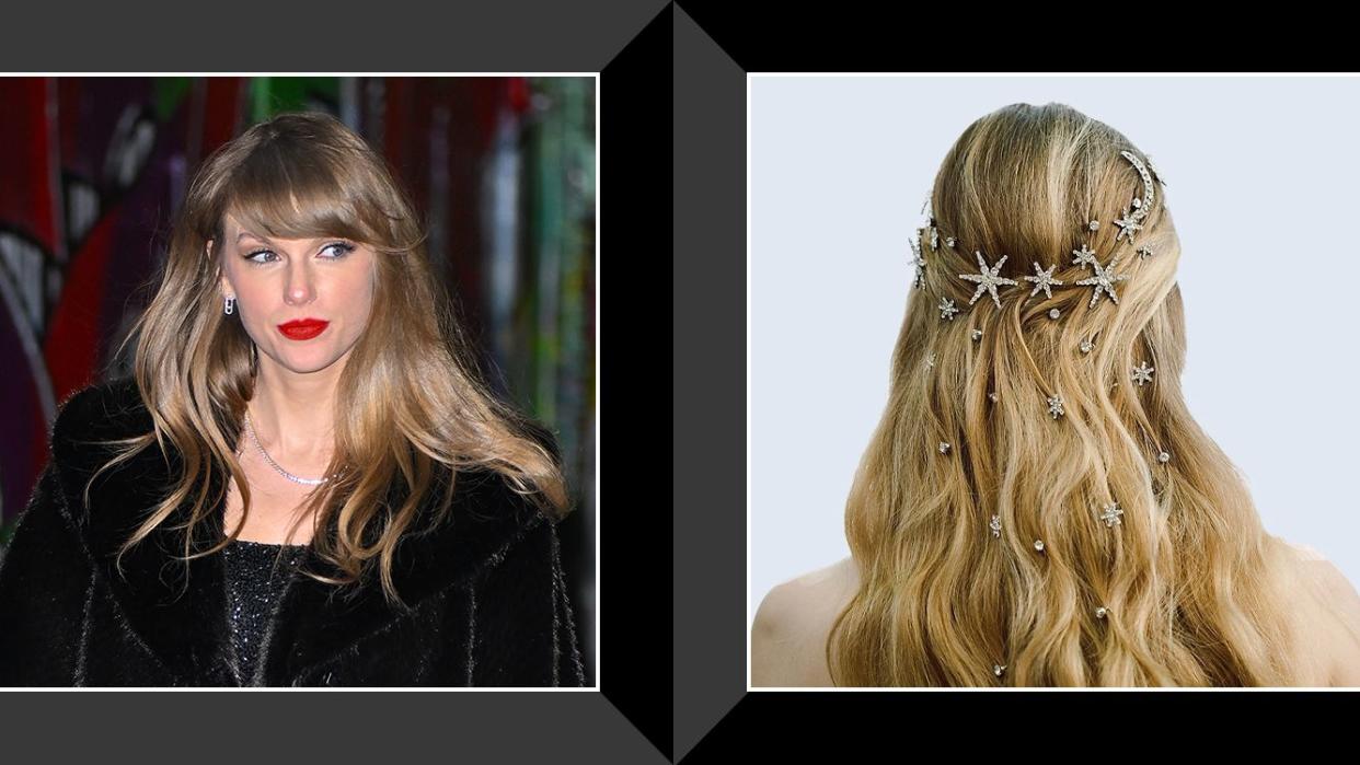 taylor swift, sparkly star hair pins in long blond hair