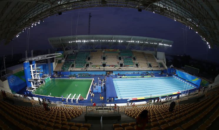 A general view shows green water in the pool of the diving event before the Women's Synchronised 10m Platform Final at the Rio 2016 Olympic Games at the Maria Lenk Aquatics Stadium in Rio de Janeiro on August 9, 2016. / AFP / Odd ANDERSEN (Photo credit should read ODD ANDERSEN/AFP/Getty Images)