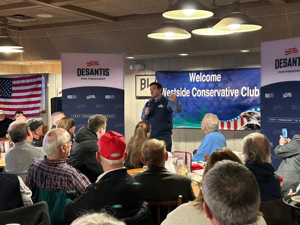 Florida Gov. Ron DeSantis speaks to the Westside Conservative Club on Dec. 20, 2023.