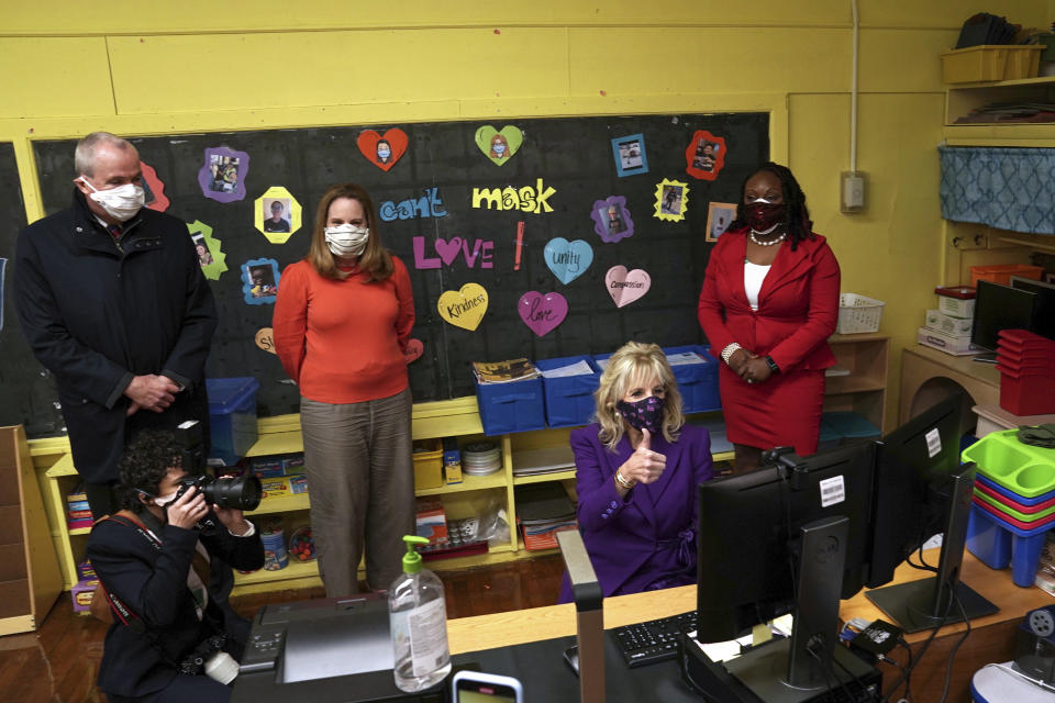 First lady Jill Biden tours Samuel Smith Elementary School in Burlington, N,J., on Monday, March 15, 2021. (Anna Moneymaker/The New York Times via AP, Pool)