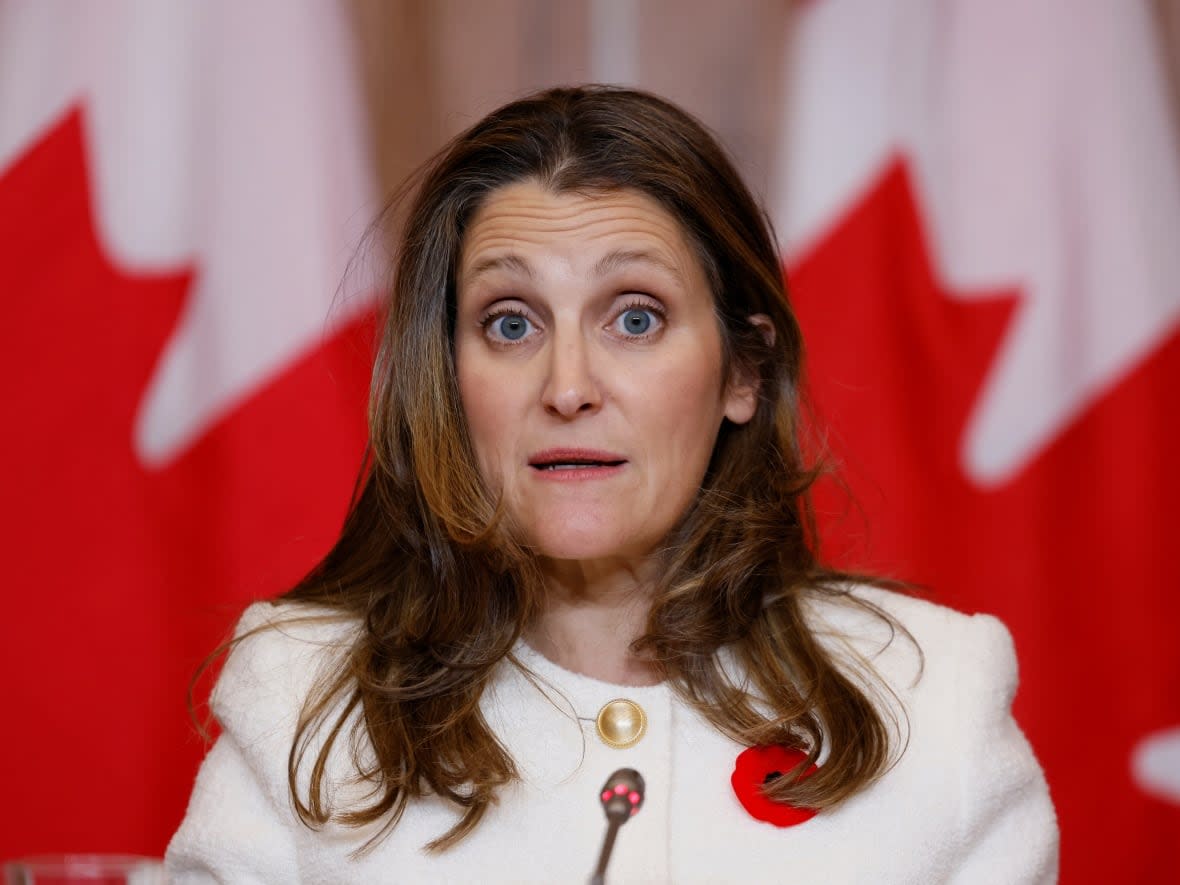 Canada's Deputy Prime Minister and Minister of Finance Chrystia Freeland says next week's budget will contain measures to help people affected by inflation and rising interest rates.  (Blair Gable/Reuters - image credit)