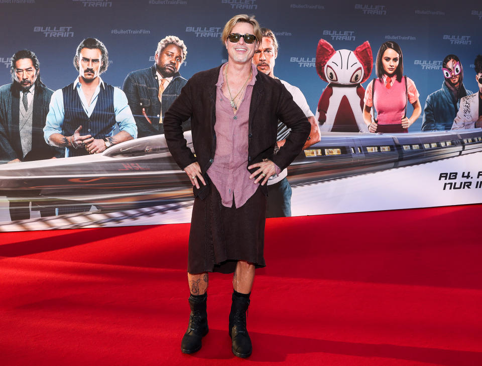 <p> Brad Pitt has some fun with fashion on July 19 at the Berlin premiere of <em>Bullet Train</em>.</p>