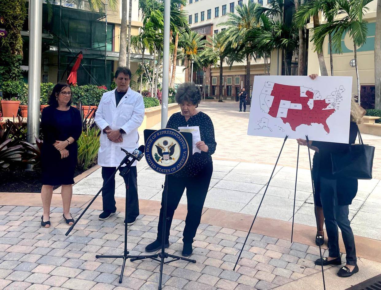 Emergency Medical Assistance board member Fran Sachs, obstetrician Dr. Jeffrey Litt, Rep. Lois Frankel in West Palm Beach Monday, discussing the impacts of the six-week abortion ban.