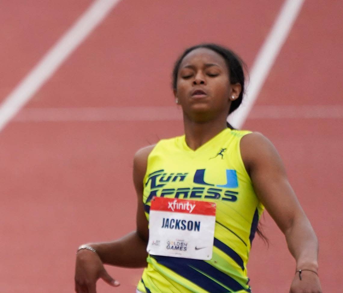 Shawnti Jackson won three NCHSAA 4A state titles (100 meters, 200 meters, 400 meters) for Wakefield High in 2022. A senior, she has committed to run for Arkansas in college.