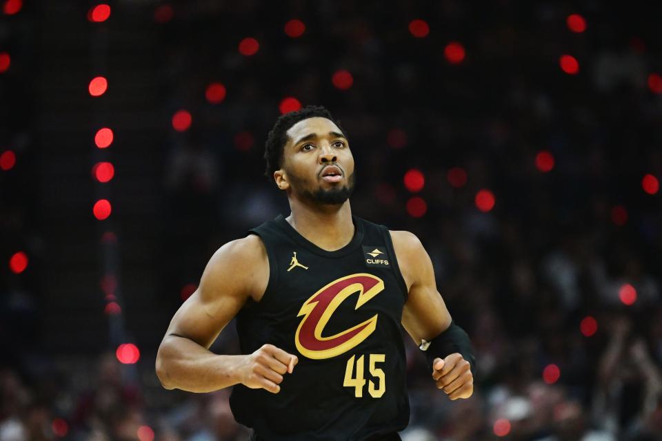 Apr 30, 2024; Cleveland, Ohio, USA; Cleveland Cavaliers guard Donovan Mitchell (45) reacts after a packet during the first half against the Orlando Magic in game five of the first round for the 2024 NBA playoffs at Rocket Mortgage FieldHouse. Mandatory Credit: Ken Blaze-USA TODAY Sports