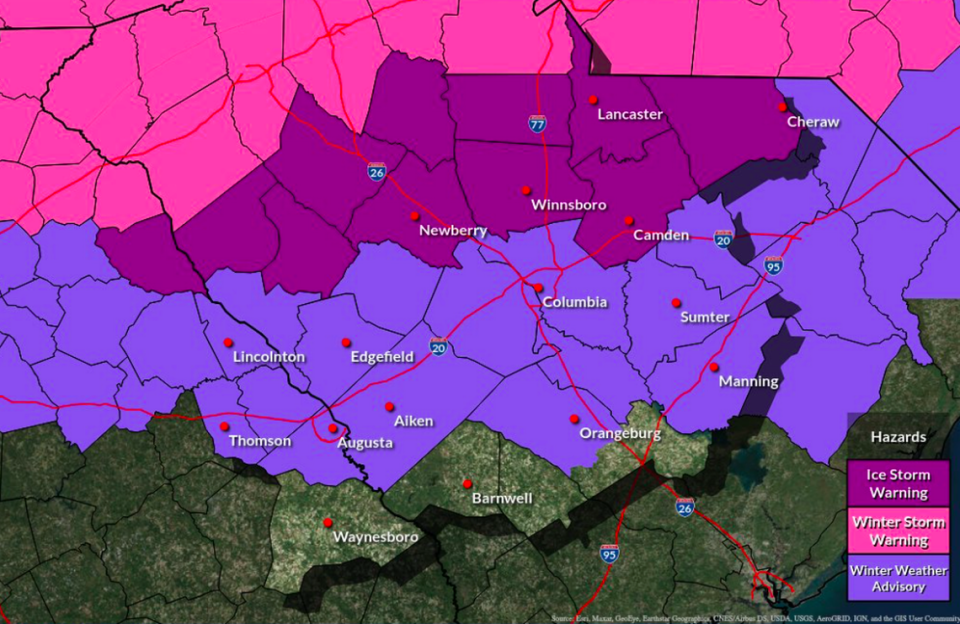 The National Weather Service put out this map of where winter weather, freezing rain, ice and snow will affect South Carolina.