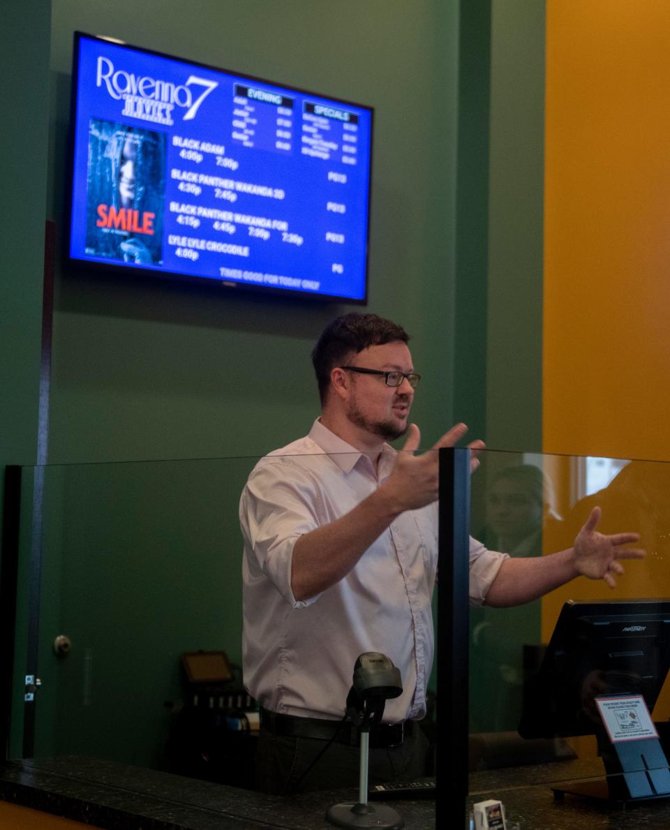 Steve Savoia, general manager, at the Ravenna 7 Movies box office.