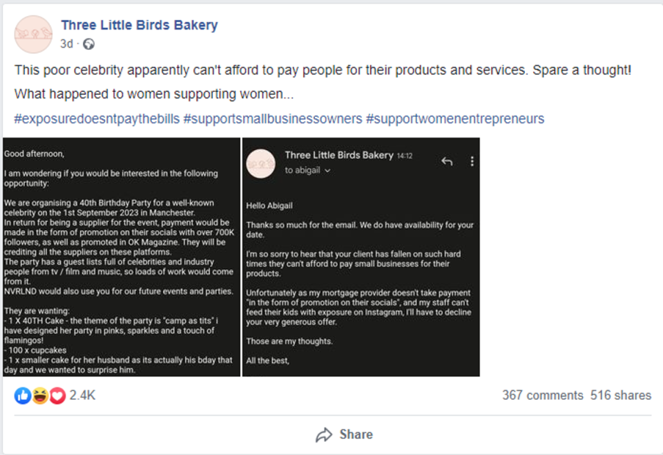 The post that started it all, as Three Little Birds Bakery called out a PR firm for requesting free baked goods for the 40th birthday of a ‘well-known celebrity’ (Screenshot from Three Little Birds Bakery)