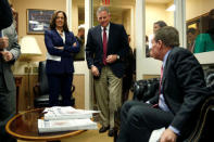 Chairman of the Senate Intelligence Committee Richard Burr (R-NC) and the committee's vice chairman Senator Mark Warner (D-VA)(R) and Senator Kamala Harris (D-CA) stand before speaking about the committee's findings and recommendations on threats to election infrastructure on Capitol Hill in Washington, U.S., March 20, 2018. REUTERS/Joshua Roberts