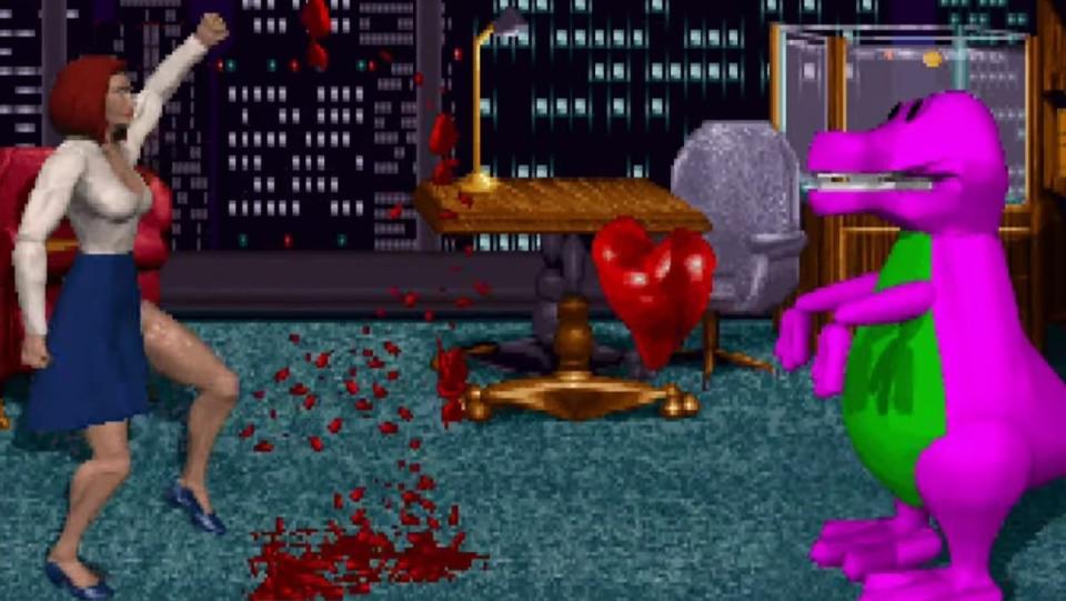 A fighting video game pits a woman in a white top and blue skirt against a purple and green dinosaur that looks like Barney