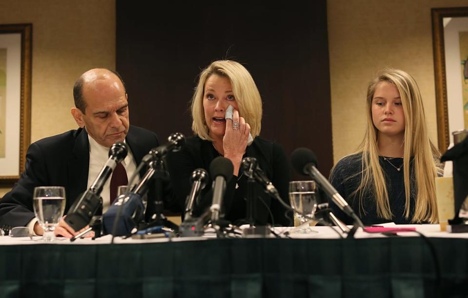 <div class="inline-image__caption"><p>Former Boston news anchor Heather Unruh, center, holds a press conference in 2017 to discuss the alleged sexual abuse of her son by actor Kevin Spacey. </p></div> <div class="inline-image__credit">Suzanne Kreiter/Globe staff</div>