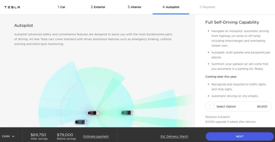 If you buy a new Model S, Model X or Model 3 today, it's $3,000 to addAutopilot and $5,000 for Full Self-Driving Capabilities