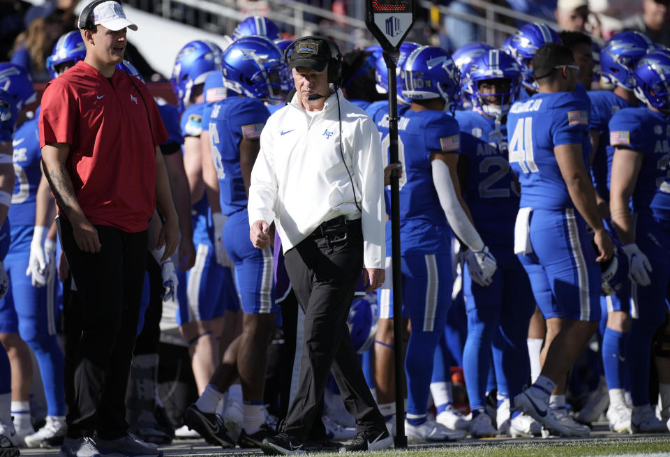 Air Force head coach Troy Calhoun looks on in the second half of an NCAA college football game against Army on Saturday, Nov. 4, 2023, in Denver. (AP Photo/David Zalubowski)