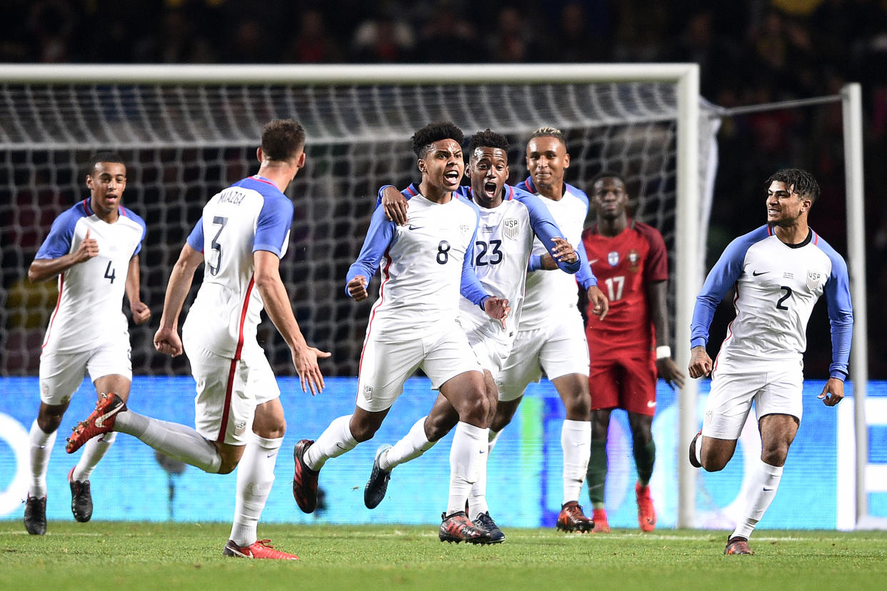 Weston McKennie celebrates his debut goal for the United States against Portugal. (Getty)