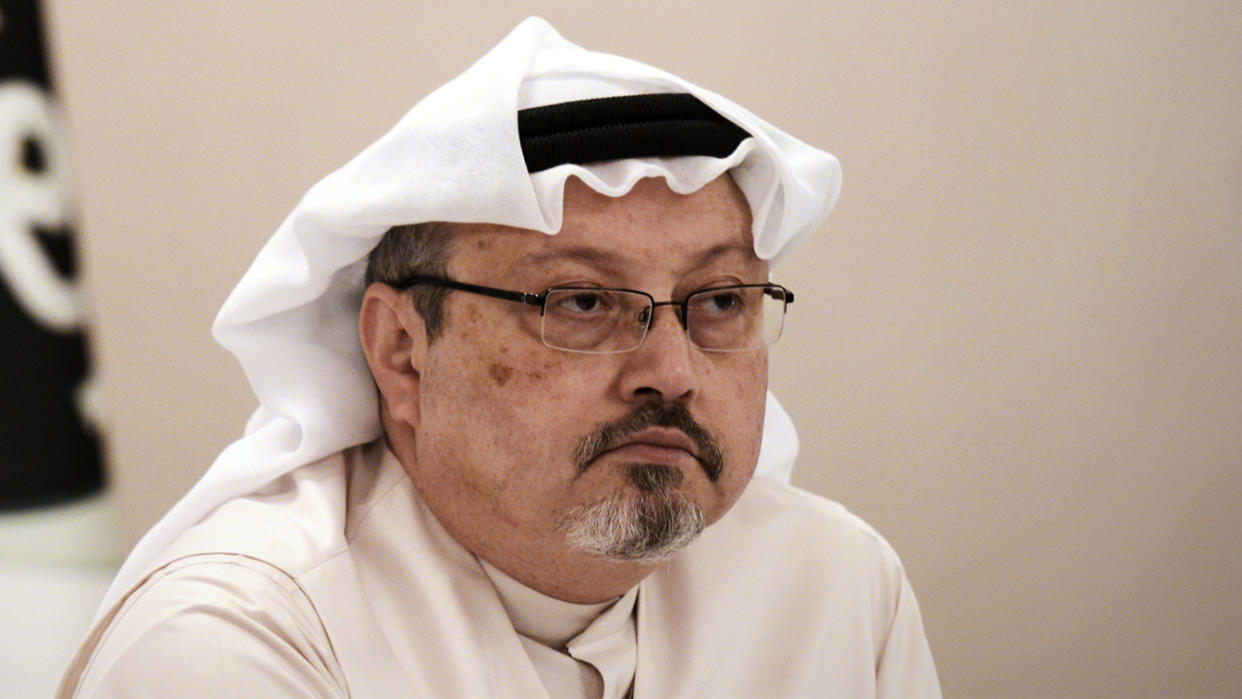 A general manager of Alarab TV, Jamal Khashoggi, looks on during a press conference in the Bahraini capital Manama, on December 15, 2014. (Mohammed Al-Shaikh/AFP via Getty Images)