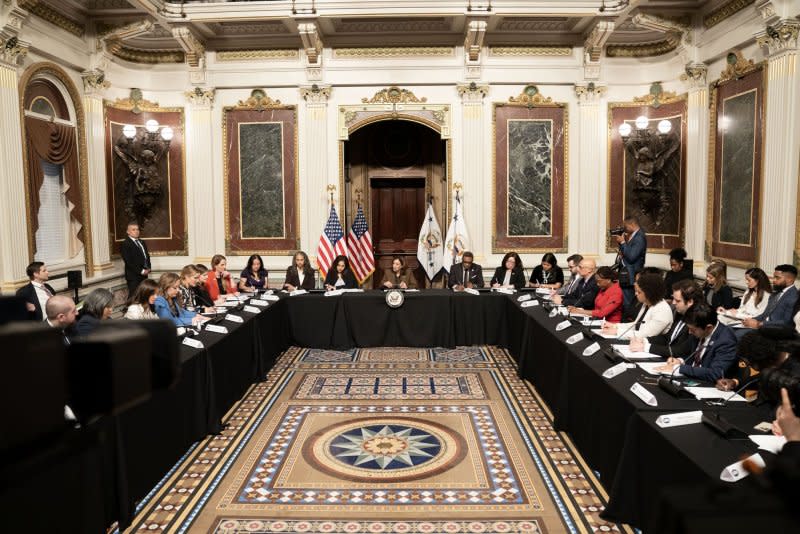 Vice President Kamala Harris delivers remarks Tuesday on the fight for voting rights in the Indian Treaty Room of the White House Complex, where she announced a four-part plan that includes three national "days of action." Photo by Leigh Vogel/UPI
