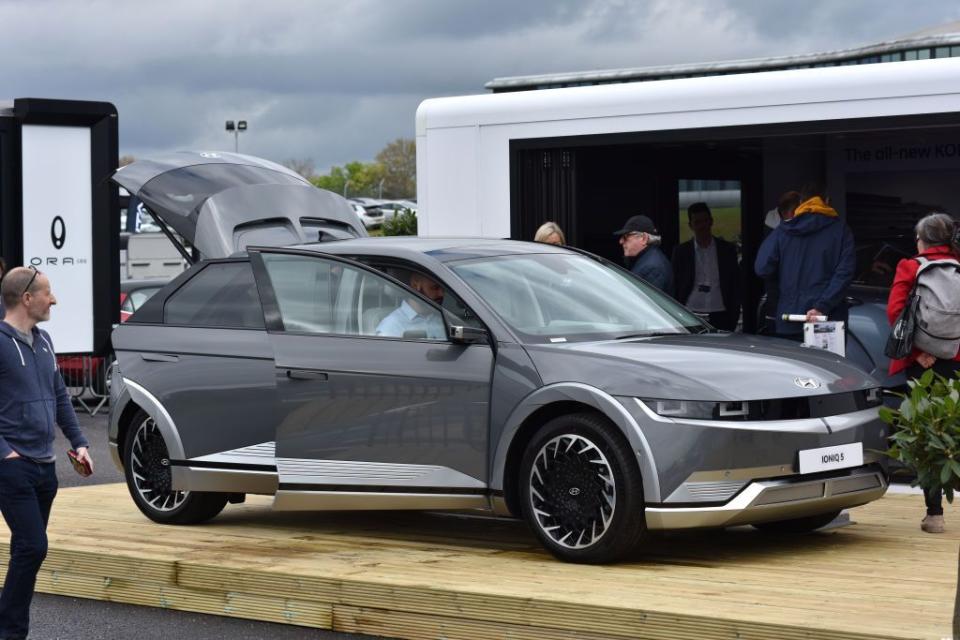 london, england april 28 an all electric hyundai ioniq 5 is displayed during the fully charged live uk at farnborough international on april 28, 2023 in london, england this years show includes dozens of live sessions and an exhibition of hundreds of companies, with electric vehicles of all shapes and sizes, and a large selection of home energy options photo by john keeblegetty images