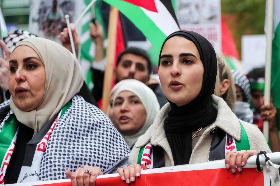 People march to call for cease-fire in Gaza in downtown Detroit on Saturday, Oct. 28, 2023.