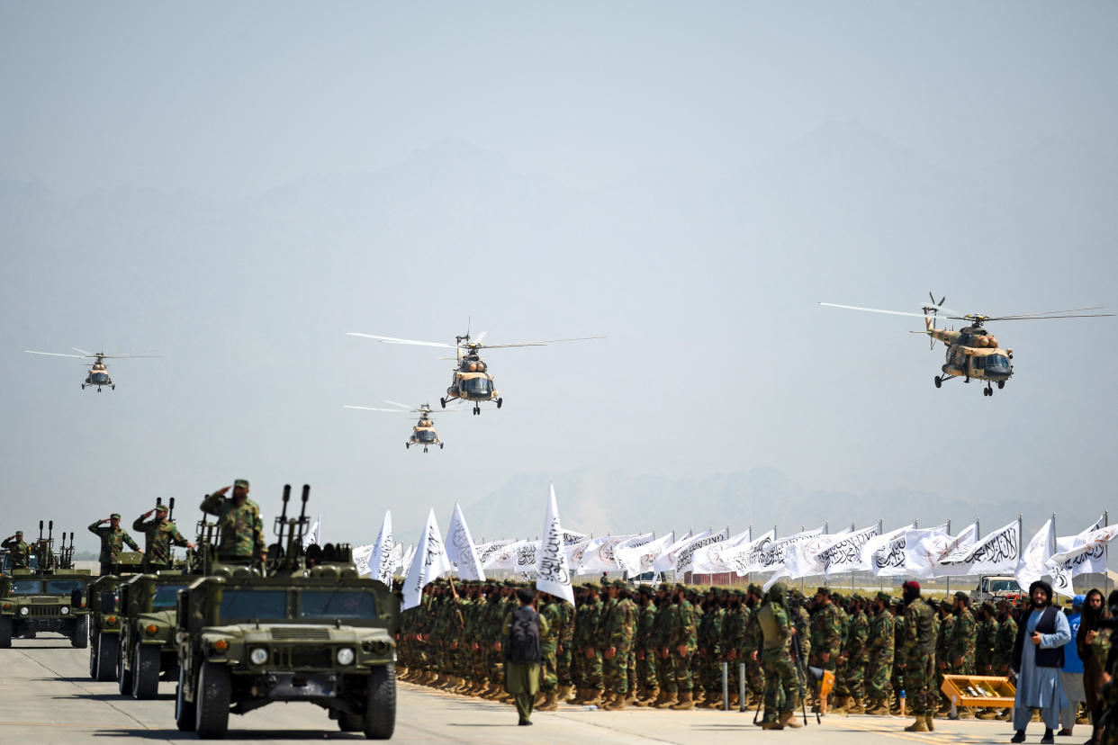 The Taliban hold a military parade to celebrate the third anniversary of their takeover of Afghanistan, at the Bagram Air Base, in Bagram, Parwan province, Aug. 14, 2024. / Credit: AHMAD SAHEL ARMAN/AFP/Getty