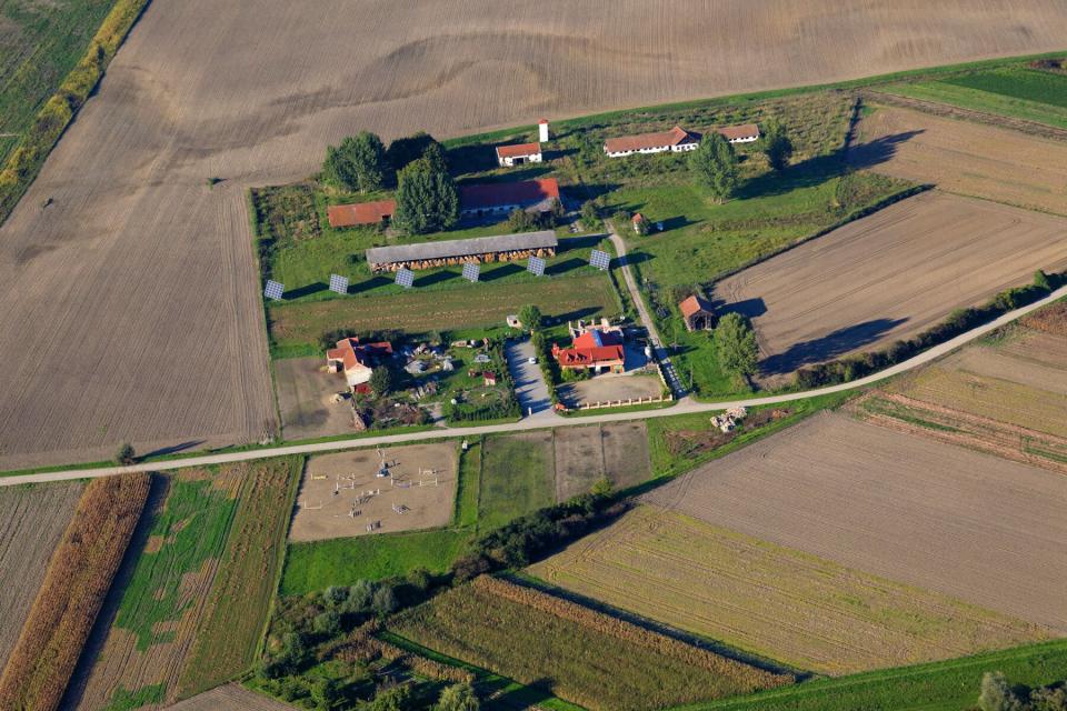 Aerial view of farm land in Legrad, Croatia