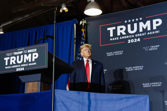 Former President Donald Trump at a campaign event in Manchester, N.H., April 27, 2023. (Sophie Park/The New York Times)