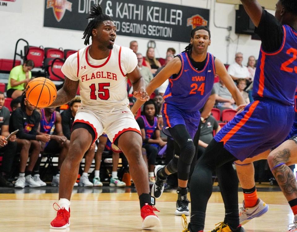 Flagler College junior guard Destin Clark (15) led the Saints with 17 points in their 70-60 loss to North Georgia in the Peach Belt Conference championship game.