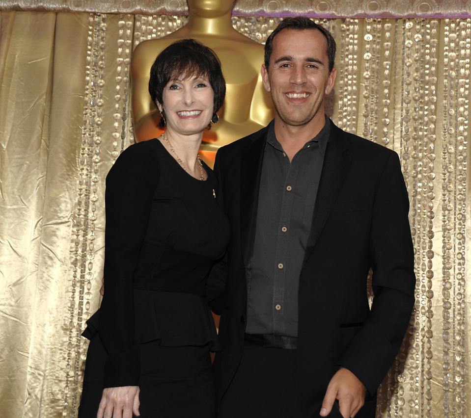 Producer Gale Anne Hurd, left, and director Nikolaj Arcel pose together during the The Oscars Foreign Language Film Award Directors Reception at The Academy of Motion Picture Arts and Sciences in Beverly Hills, Calif. on Friday, Feb. 22, 2013. Arcel's feature film "A Royal Affair" is nominated for Best Foreign Language Film. (Photo by Dan Steinberg/Invision/AP)