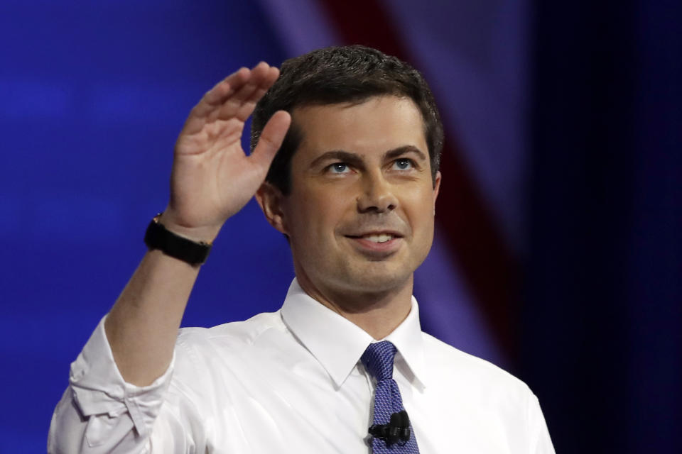 Democratic presidential candidate South Bend Mayor Pete Buttigieg speaks during the Power of our Pride Town Hall Thursday, Oct. 10, 2019, in Los Angeles. The LGBTQ-focused town hall featured nine 2020 Democratic presidential candidates. (AP Photo/Marcio Jose Sanchez)