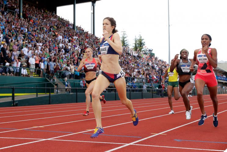 Kate Grace, 27, won the 800 at the U.S. Olympic Track & Field Trials. She is sponsored by Oiselle, a private running apparel company. (Getty Images)