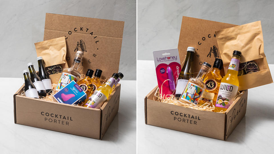 Lovehoney x Cocktail Porter DIY cocktail boxes: the 'Couples' box ($150) (left) and the 'Singles' box ($79). Photo: Lovehoney (supplied).