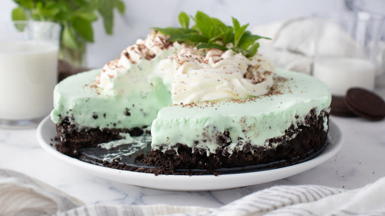 green pie with mint sprigs