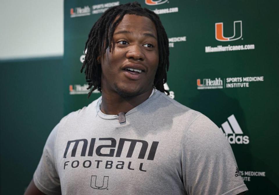 Hurricanes defensive lineman Branson Deen (58) talks to the press after the University of Miami Hurricanes football practice on Tuesday, March 21, 2023, on campus in Coral Gables. Deen transferred from Purdue in January.