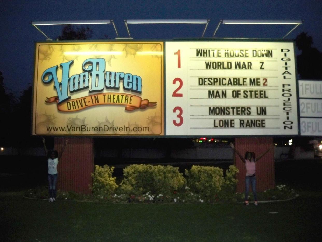 Van Buren Drive-In Theater sign advertising White House Down, World War Z, Despicable Me 2, Man of Steel, Monsters UN, Lone Range.