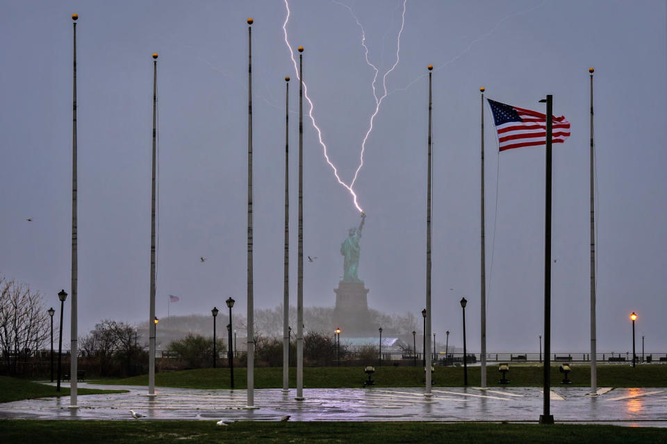 Lightning strikes the Statue of Liberty in New York on Apri 3, 2024. (@dantvusa via Twitter)