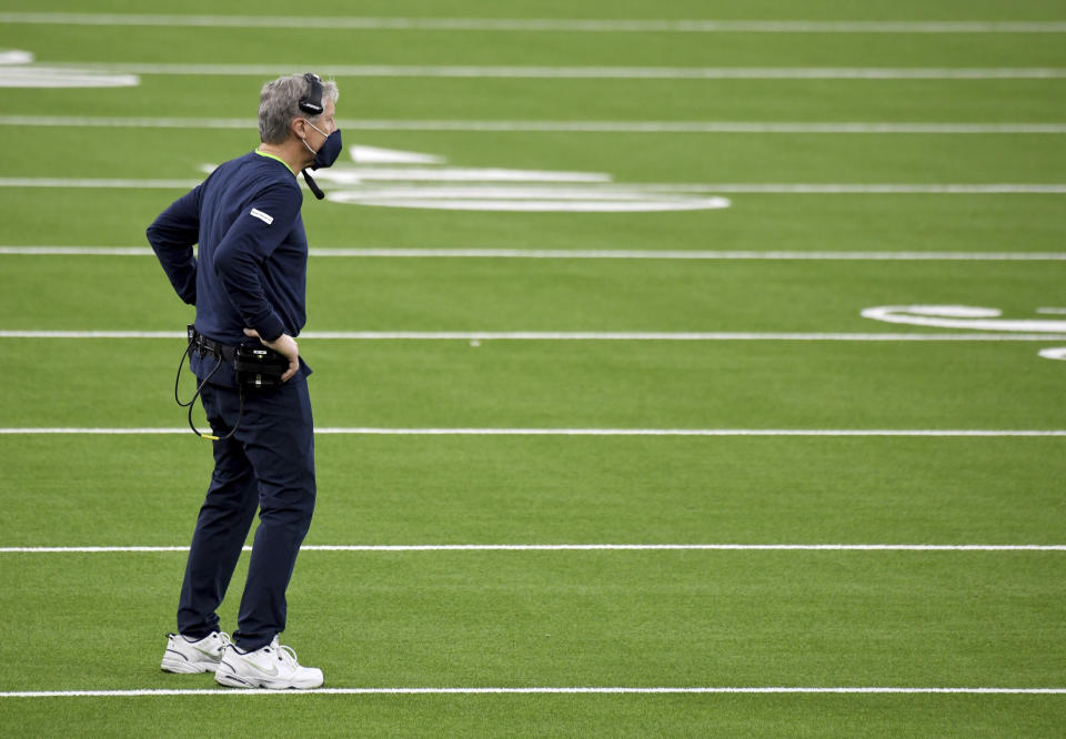 Head coach Pete Carroll of the Seattle Seahawks looks on against the Los Angeles Rams in the fourth quarter of a NFL football game at SoFi Stadium in Inglewood on Sunday, November 15, 2020. Los Angeles Rams won 23-16. (Keith Birmingham/The Orange County Register via AP)